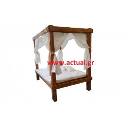 Ξαπλώστρα  διπλή ξύλινη με ουρανό και κουρτίνες για κήπο-παραλία-πισίνα