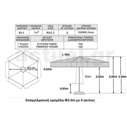 Επαγγελματική ομπρέλα Φ3.0 με ιστό αλουμινίου Φ40 και 100% αδιάβροχο εκρού πανί 280γρ/m3 και 6 ακτίνες Επαγγελματική ομπρέλα Φ3.0 με ιστό αλουμινίου Φ40 και 100% αδιάβροχο εκρού πανί 280γρ/m3 και 6 ακτίνες