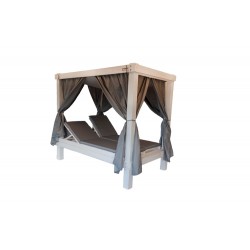 Ξαπλώστρα διπλή ξύλινη με ανάκλιση ,ουρανό και κουρτίνες για κήπο-παραλία-πισίνα 140 Χ 220 Χ 200 cm